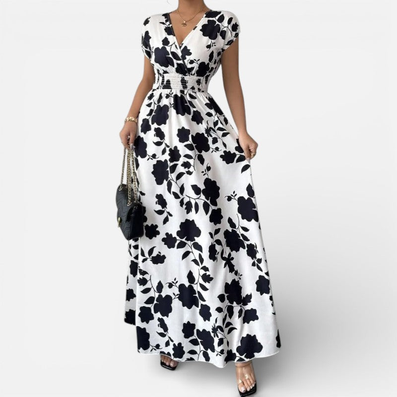 Lyoir | Women’s V-Neck Printed Midi Dress Short Sleeve