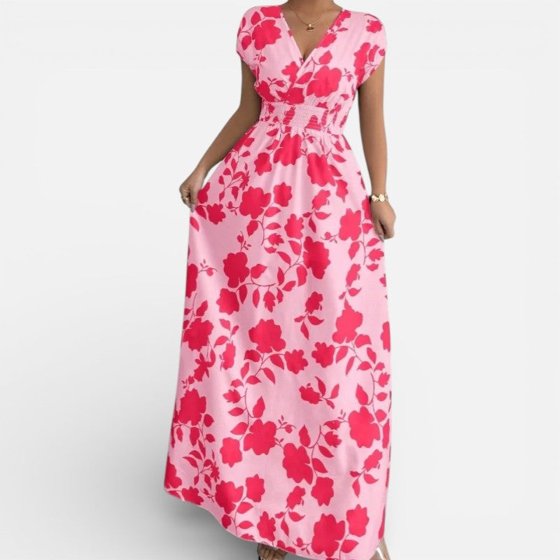 Lyoir | Women’s V-Neck Printed Midi Dress Short Sleeve