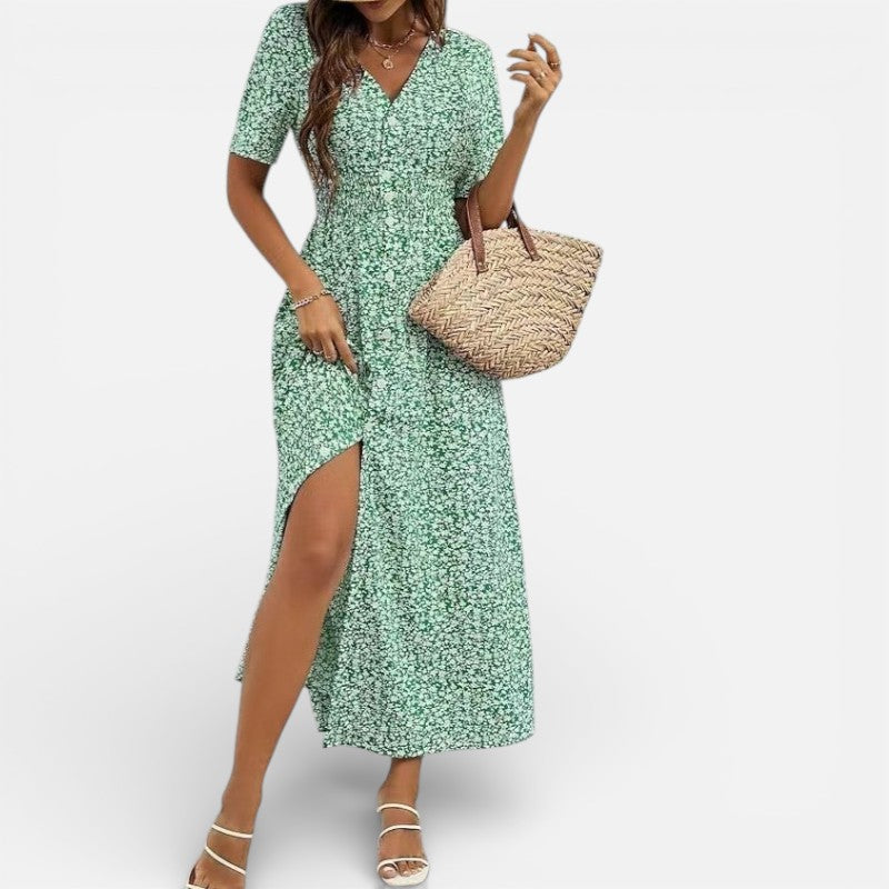 Lyoir | Printed V-Neck Midi Dress for Women Short Sleeve Summer