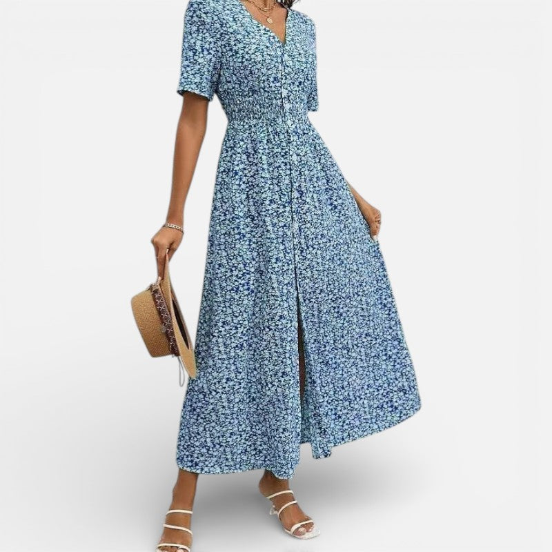 Lyoir | Printed V-Neck Midi Dress for Women Short Sleeve Summer