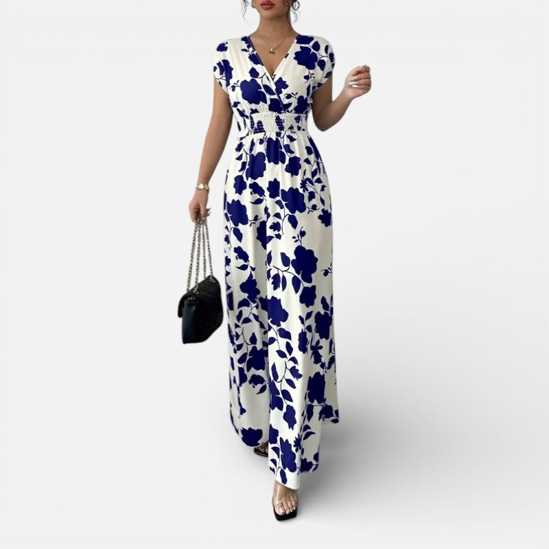 Lyoir | Women’s V-Neck Printed Midi Dress Short Sleeve