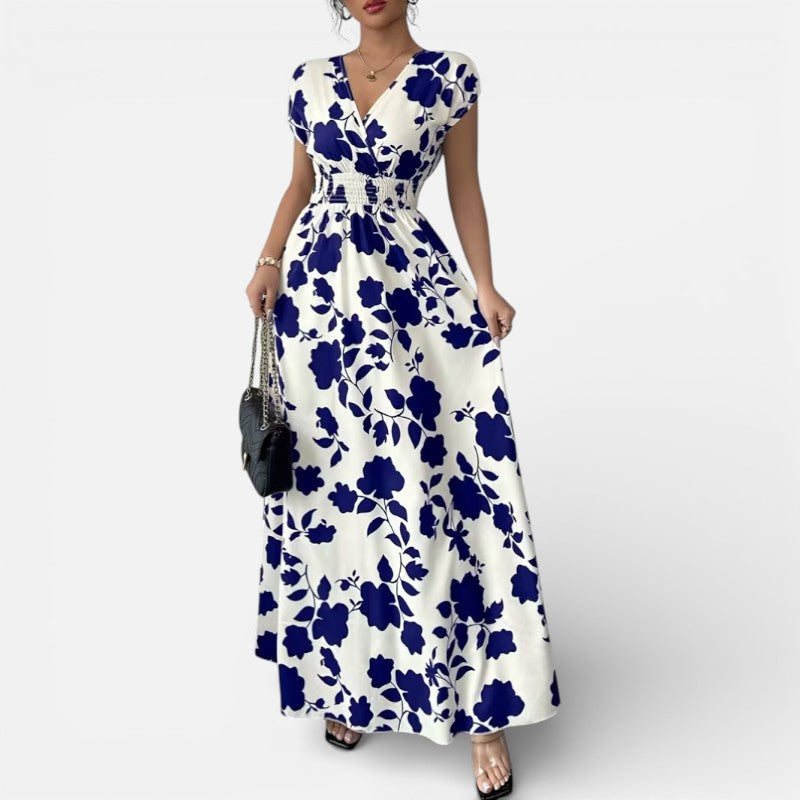 Lyoir | Women’s V-Neck Printed Midi Dress Short Sleeve