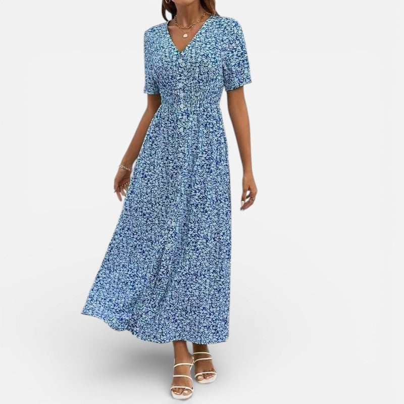 Lyoir | Printed V-Neck Midi Dress for Women Short Sleeve Summer
