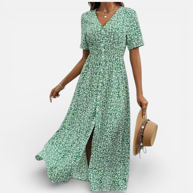 Lyoir | Printed V-Neck Midi Dress for Women Short Sleeve Summer