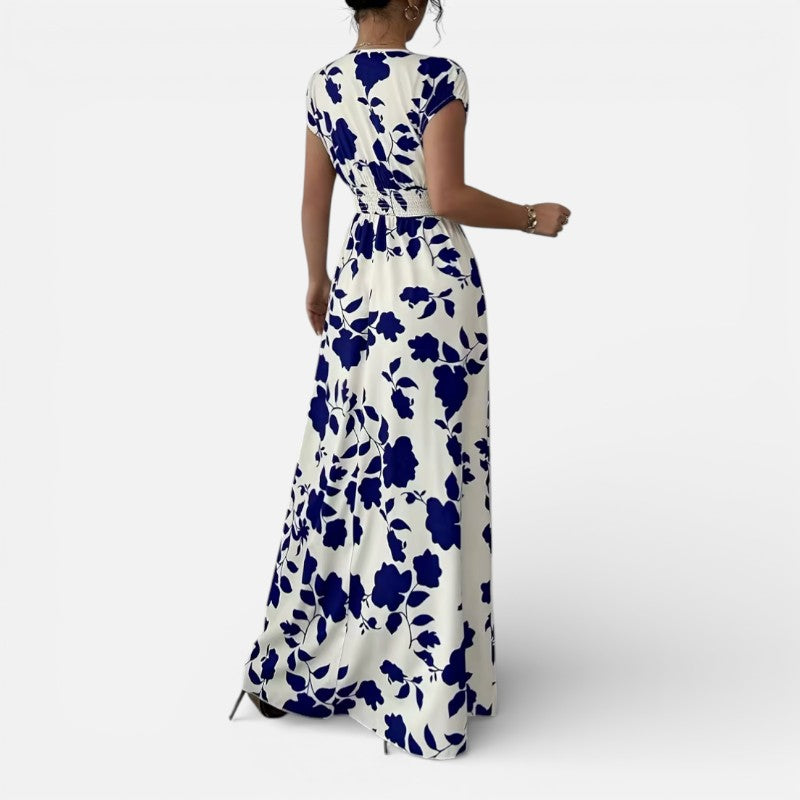 Lyoir | Women’s V-Neck Printed Midi Dress Short Sleeve