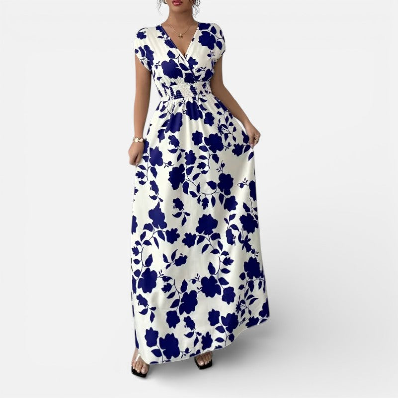 Lyoir | Women’s V-Neck Printed Midi Dress Short Sleeve