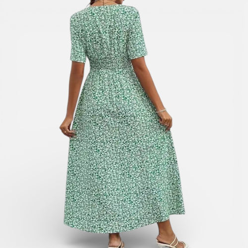 Lyoir | Printed V-Neck Midi Dress for Women Short Sleeve Summer