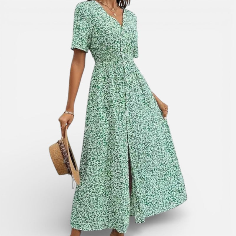 Lyoir | Printed V-Neck Midi Dress for Women Short Sleeve Summer