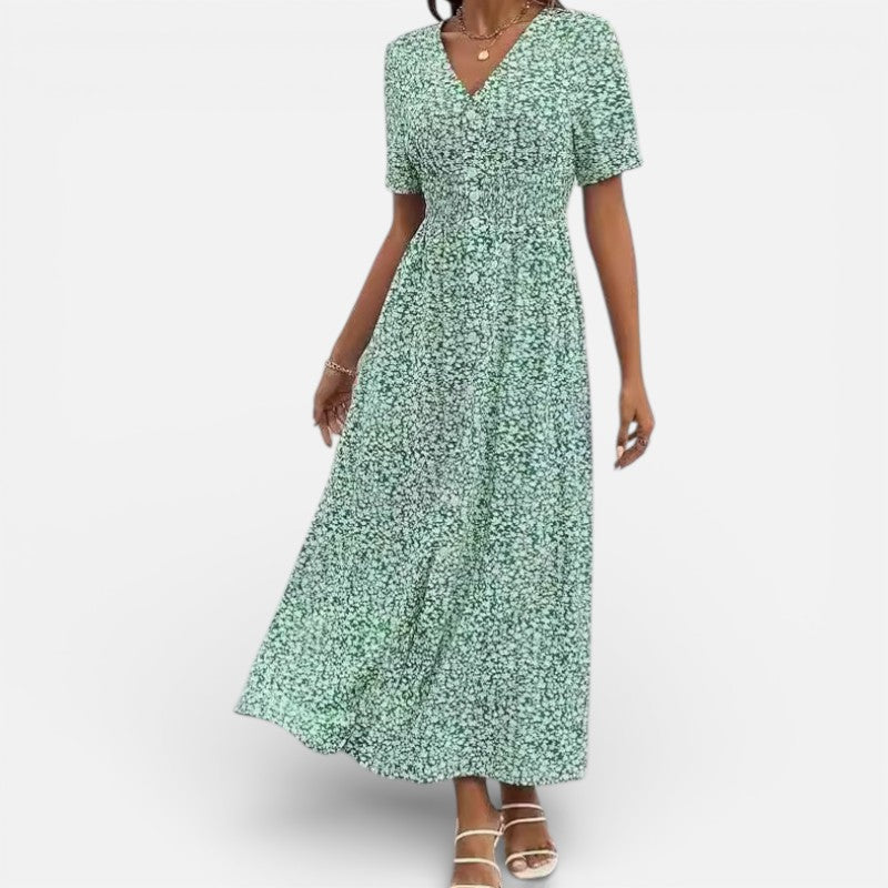 Lyoir | Printed V-Neck Midi Dress for Women Short Sleeve Summer