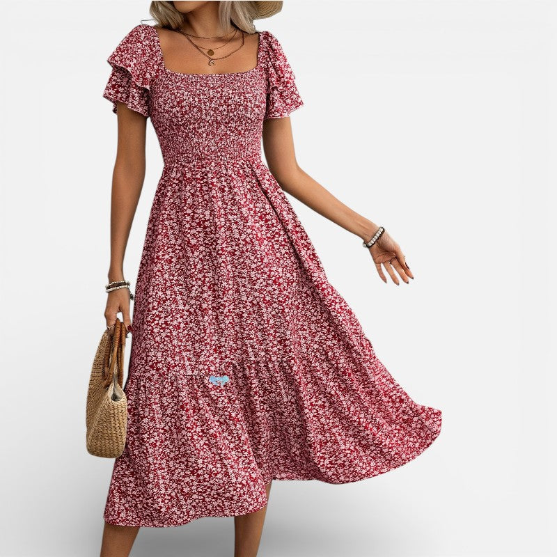 Lyoir | Floral Midi Dress for Women Short Sleeve A-Line Spring Summer