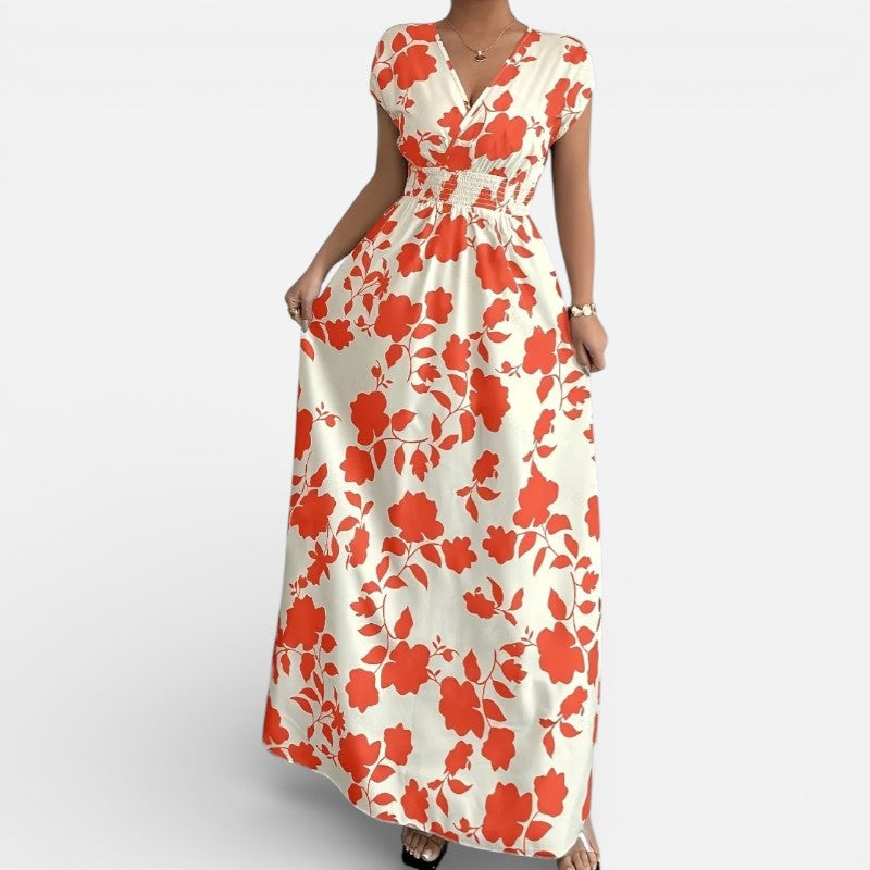 Lyoir | Women’s V-Neck Printed Midi Dress Short Sleeve